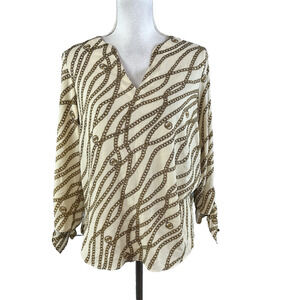 Michael Kors Blouse Tunic sz Small Tan Gold Chains Stretch Modest Career Wedding